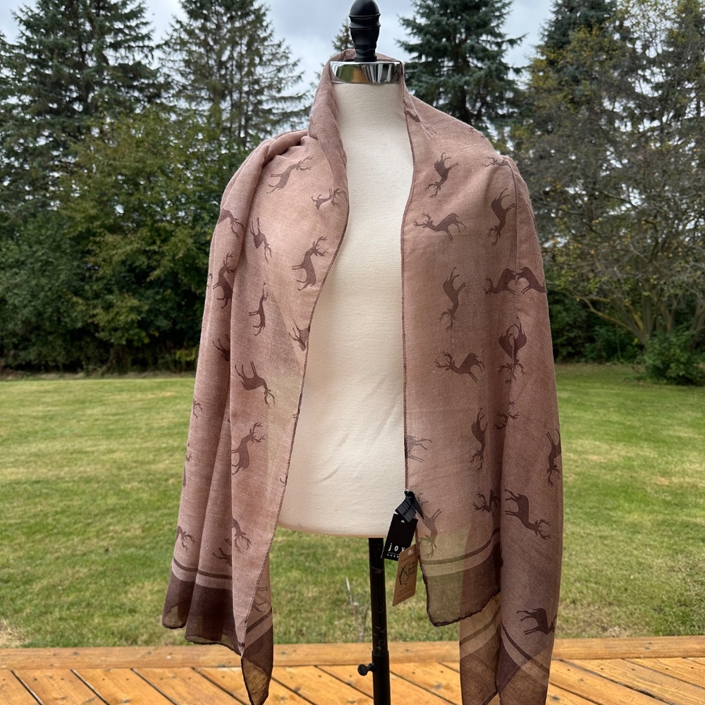 Joy Susan Wide Gauze Scarf Brown Deer Elk Border - Picture 6 of 8